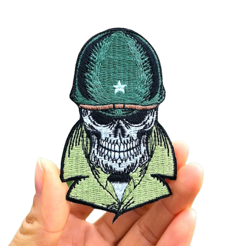 Unisex military skull in helmet patch, stylish alternative fashion accessory for decorating clothes.