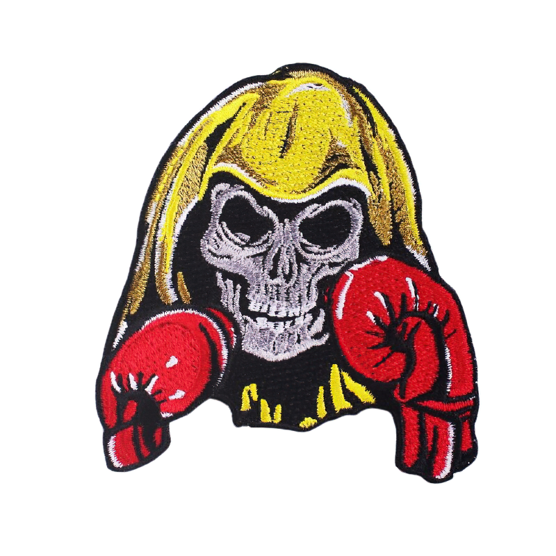Gothic unisex patch featuring a skull with long hair and boxing gloves, perfect for clothing style upgrades.