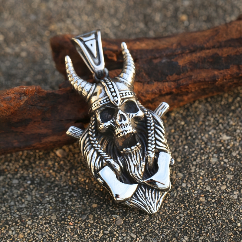 Stylish unisex Viking warrior skull pendant in stainless steel, featuring horns and axes, perfect for gothic jewelry lovers.