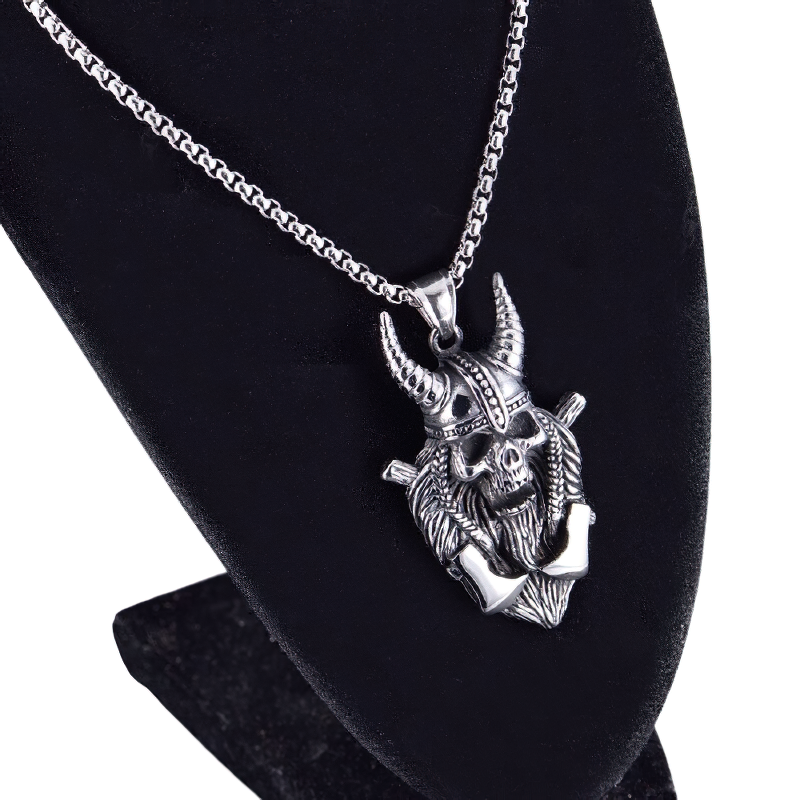 Unisex stainless steel Viking warrior skull pendant necklace on display, perfect for gothic style enthusiasts.