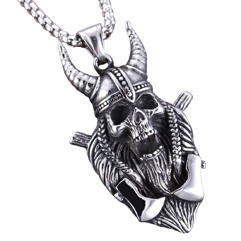Stylish stainless steel Viking warrior skull pendant with horned helmet, perfect for gothic unisex jewelry.