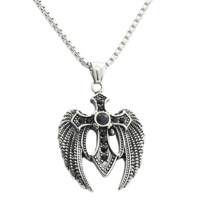 Stylish unisex stainless steel wing cross pendant with stones, perfect gothic accessory for any outfit.