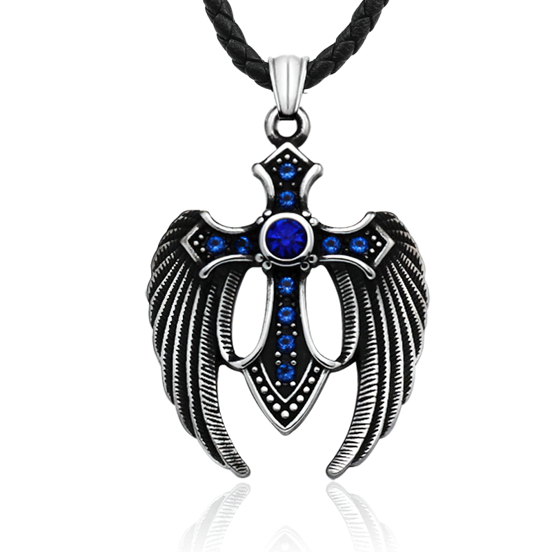 Stylish unisex stainless steel wing cross pendant with blue stones, perfect gothic accessory for any outfit.