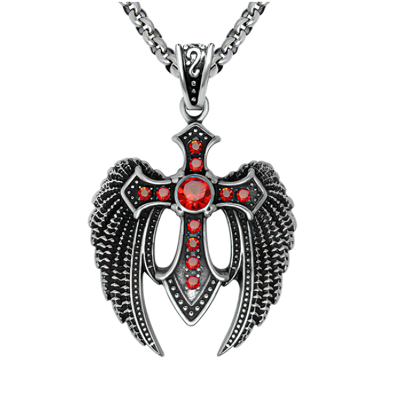 Stylish unisex stainless steel wing cross pendant with red stones, gothic style jewelry on a chain.