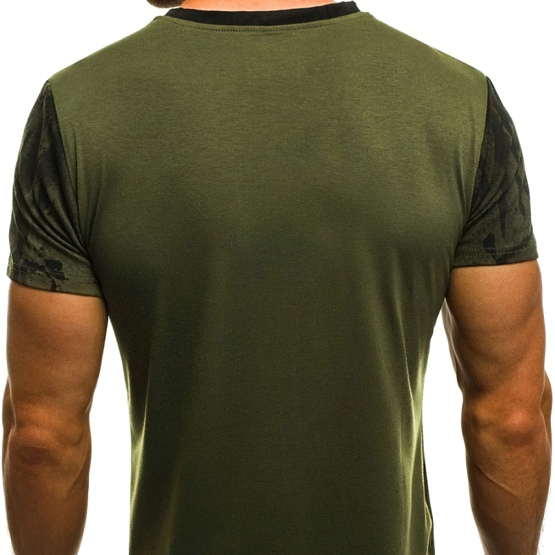 Stylish men's rock n roll t-shirt in olive green with a creative back design, perfect for a trendy wardrobe.