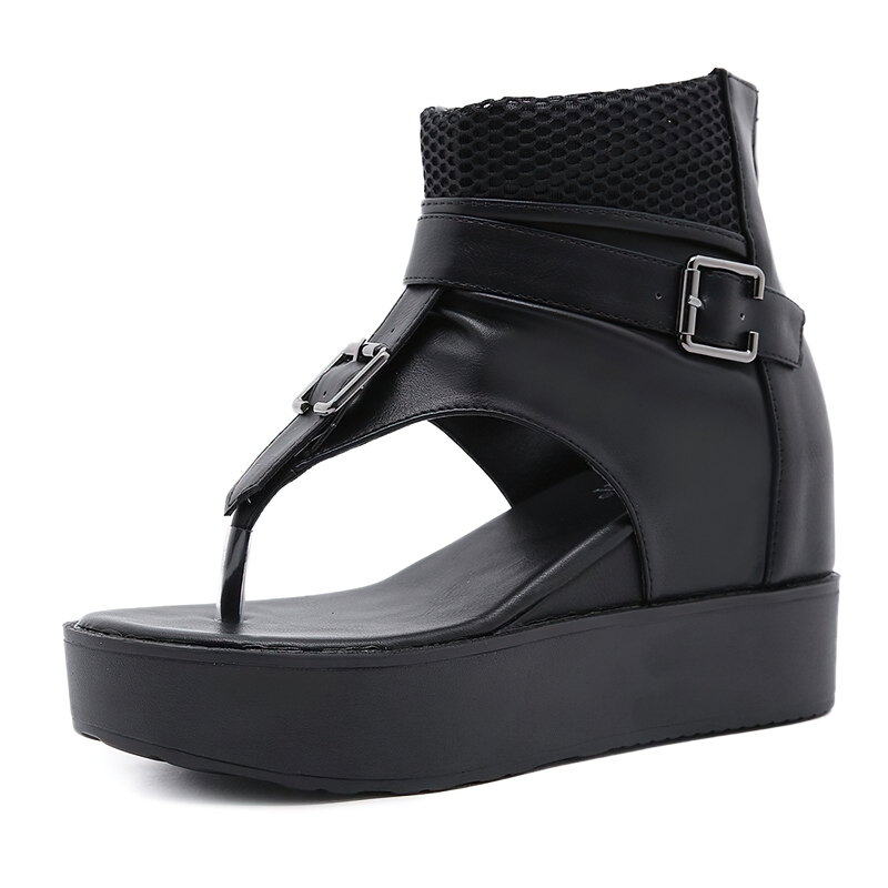 Stylish women's platform sandals with belt buckle and zipper, perfect for casual wear.