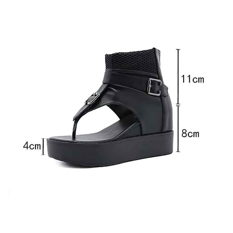 Stylish black women's platform sandals with belt buckle detail, featuring a casual design and comfortable sole.