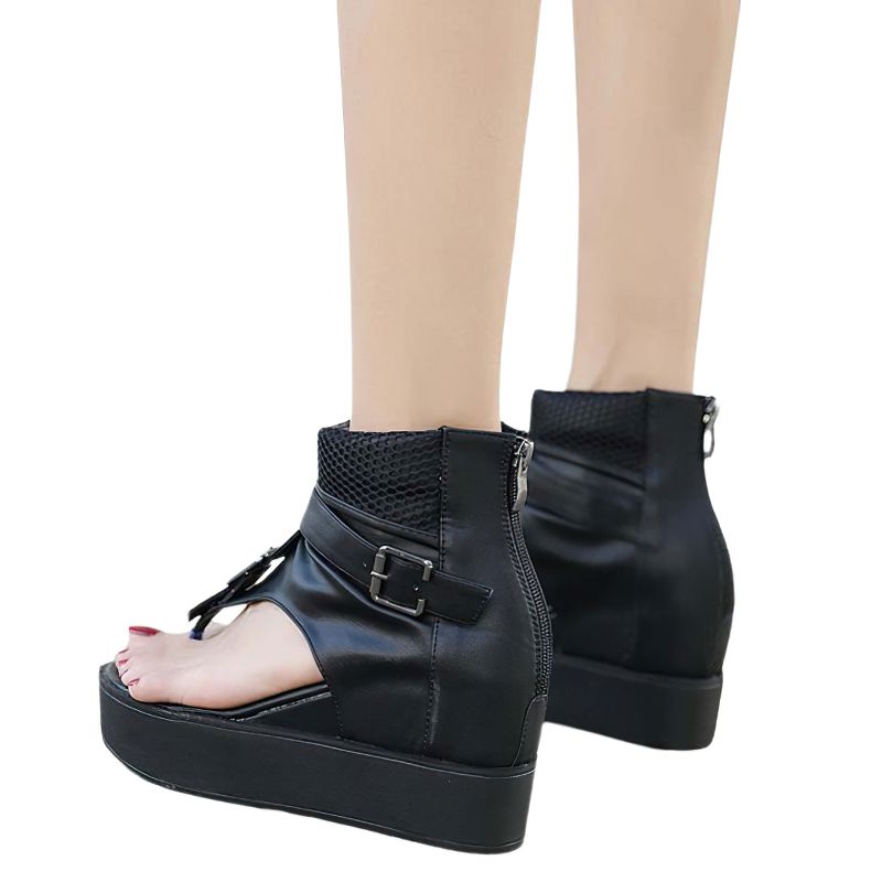 Stylish black platform sandals for women featuring a belt buckle and zipper, perfect for casual wear.