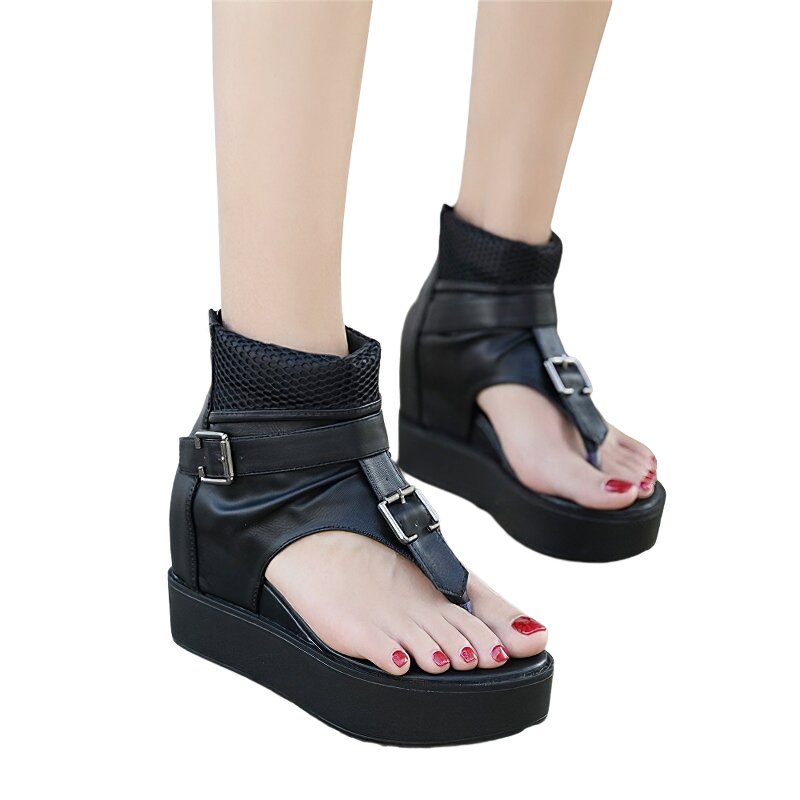 Stylish women's black platform sandals with belt buckle and zip, perfect for casual wear.