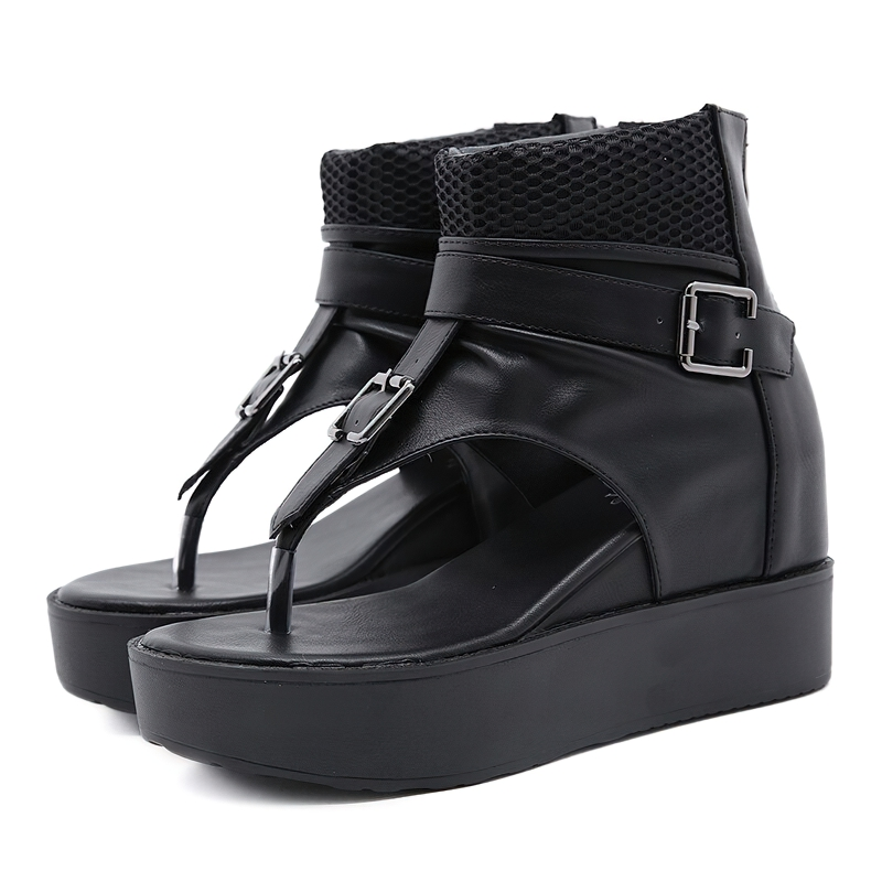 Stylish women's black platform sandals with a belt buckle and mesh design for a trendy casual look.