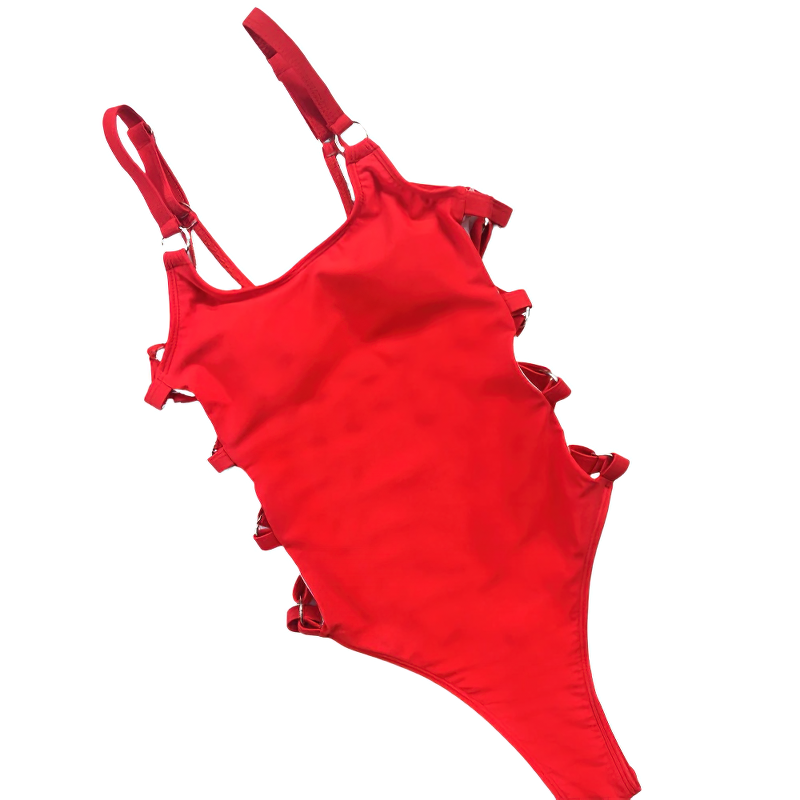 Stylish red hollow out one-piece monokini swimsuit for women, perfect for summer beach outings.