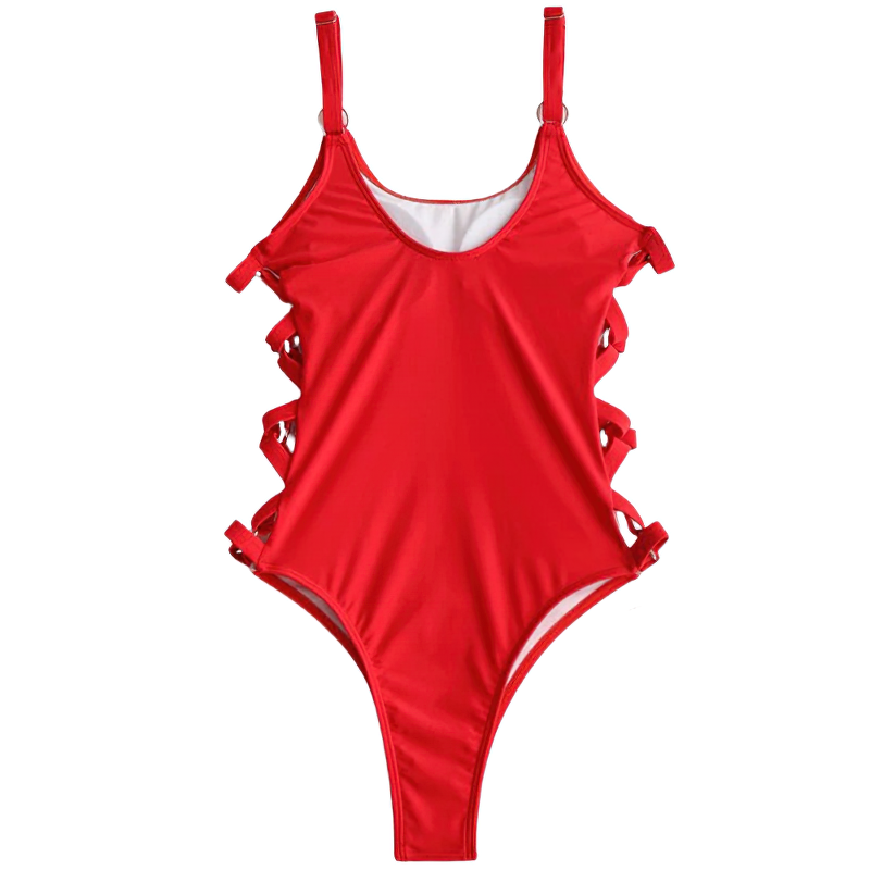 Stylish red one-piece monokini swimsuit with hollow out design and adjustable straps for women, perfect for summer fashion.