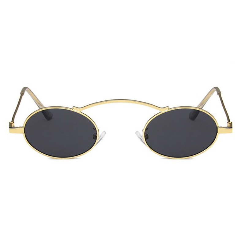 Stylish small oval steampunk sunglasses with a golden frame and dark lenses, perfect for a trendy touch.