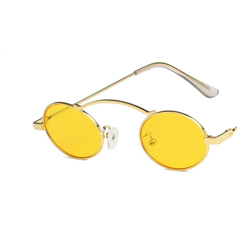 Stylish small oval steampunk sunglasses with yellow lenses and metal frame, perfect UV400 sun protection.