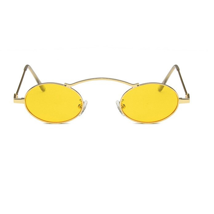 Stylish small oval steampunk sunglasses with yellow lenses and gold frame for trendy women.