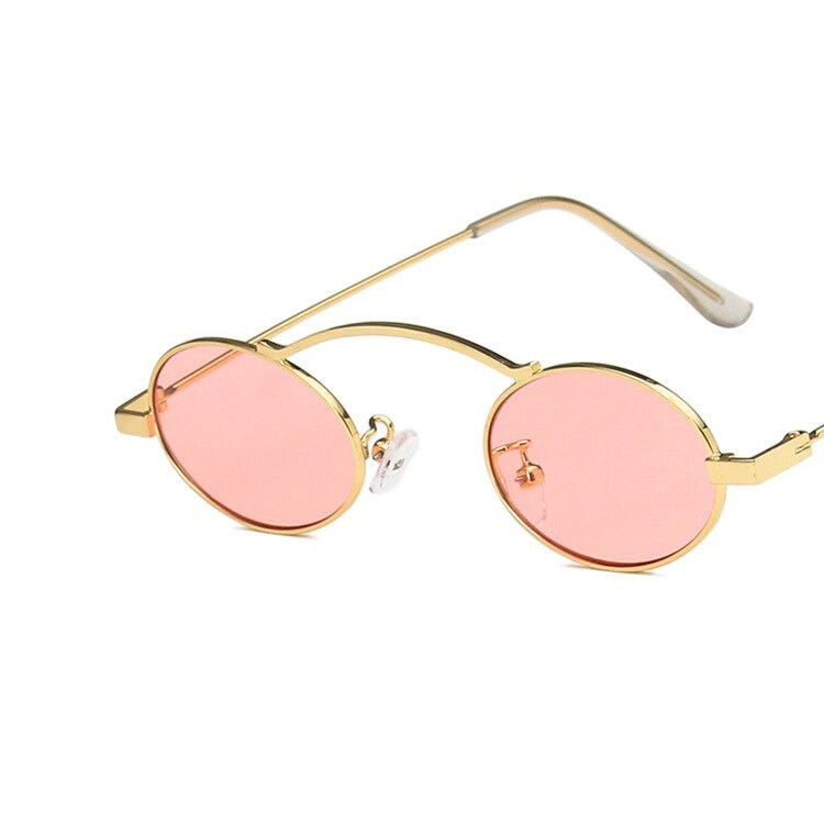 Stylish small oval sunglasses in gold with pink lenses, perfect for a trendy steampunk look.