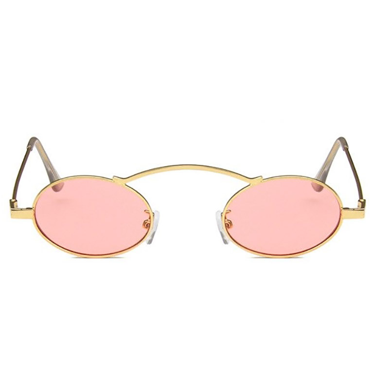Stylish small oval steampunk sunglasses with pink lenses and gold accents, perfect women's accessory for summer.