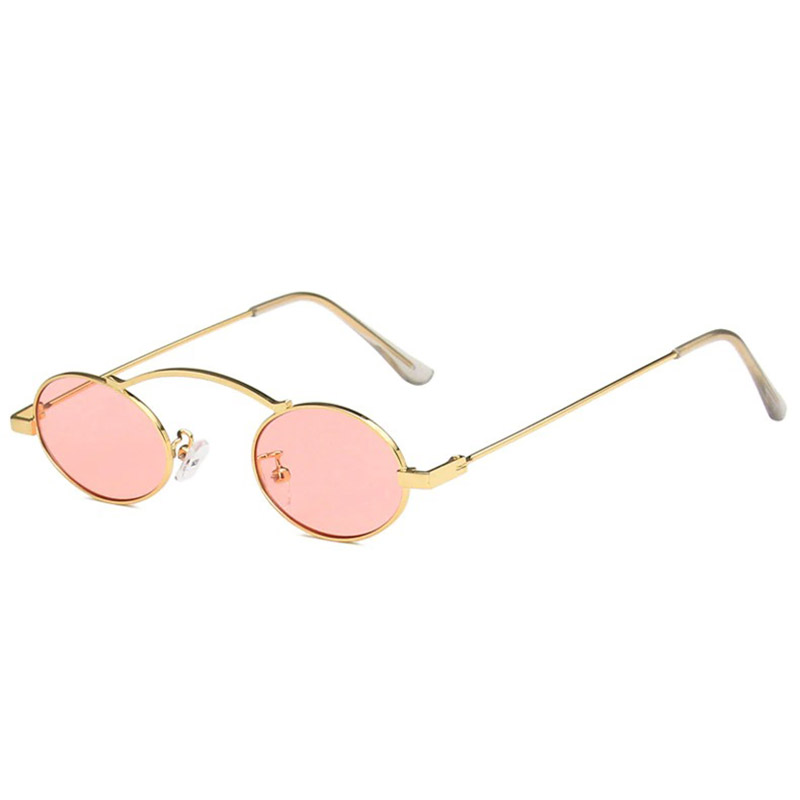 Stylish small oval steampunk sunglasses with pink lenses and gold frames for women.