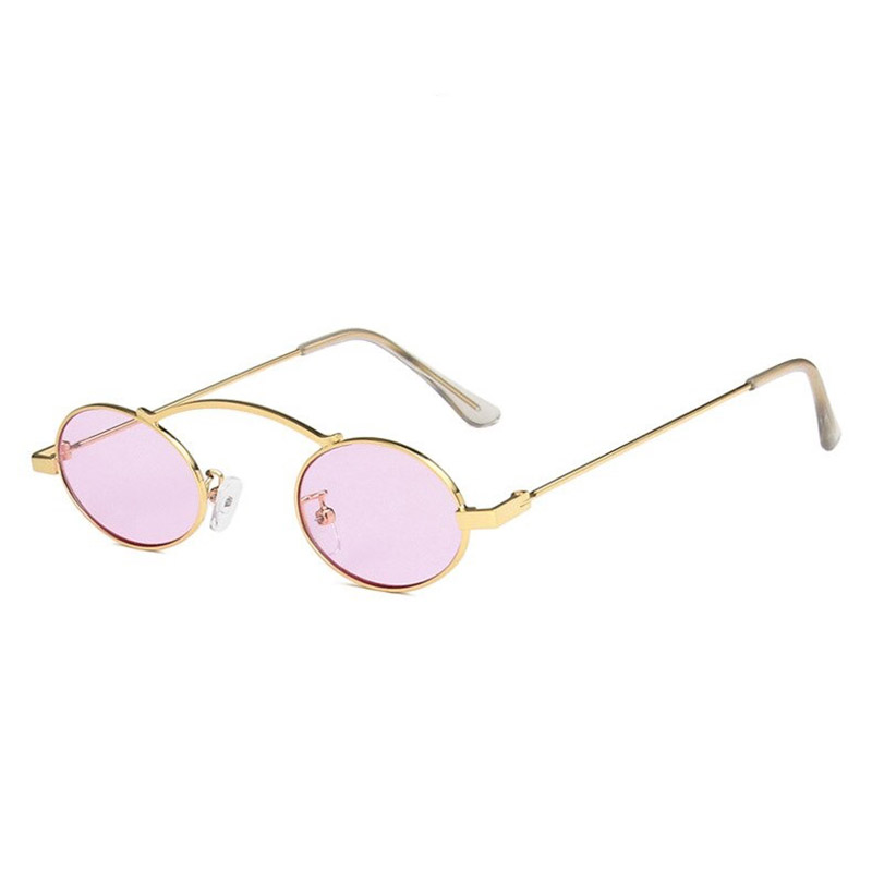 Stylish small oval sunglasses in steampunk style with gold frame and pink lenses, perfect UV400 eye protection.