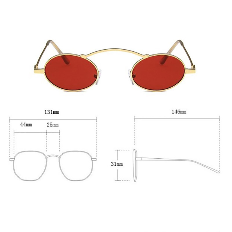 Stylish small oval steampunk sunglasses with red lenses and gold frame, perfect for women's fashion accessories.