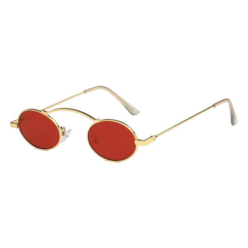 Stylish small oval steampunk sunglasses with red lenses and gold frame, perfect women's accessory for UV protection.