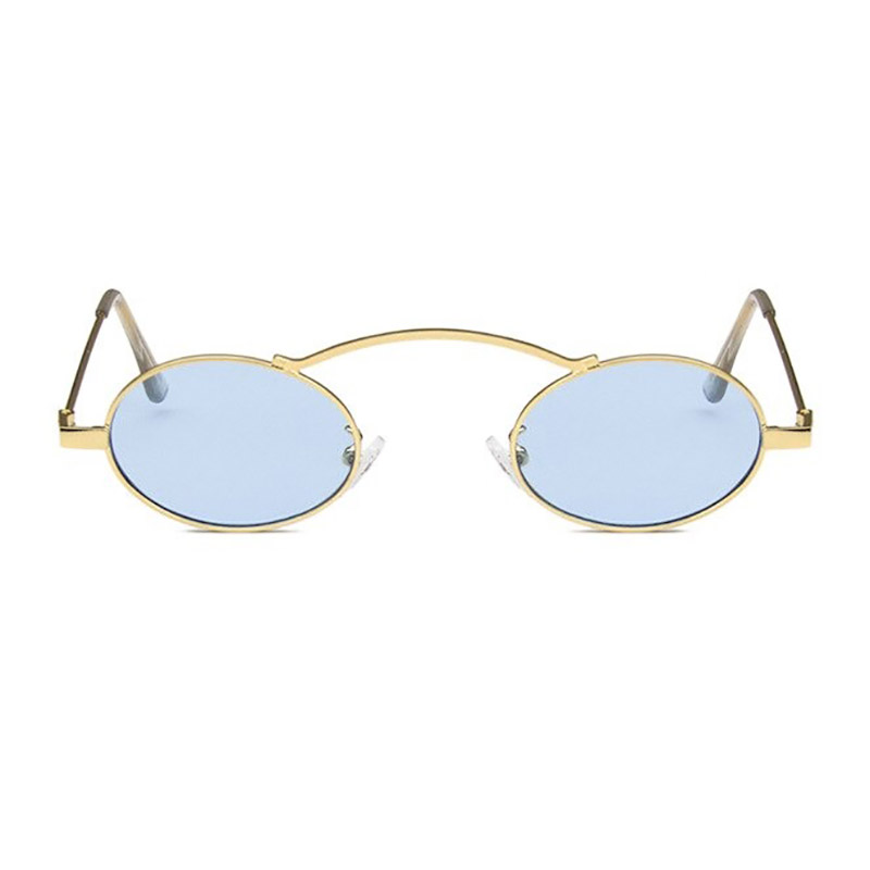 Stylish small oval steampunk sunglasses with blue lenses and gold frames for a chic accessory look.