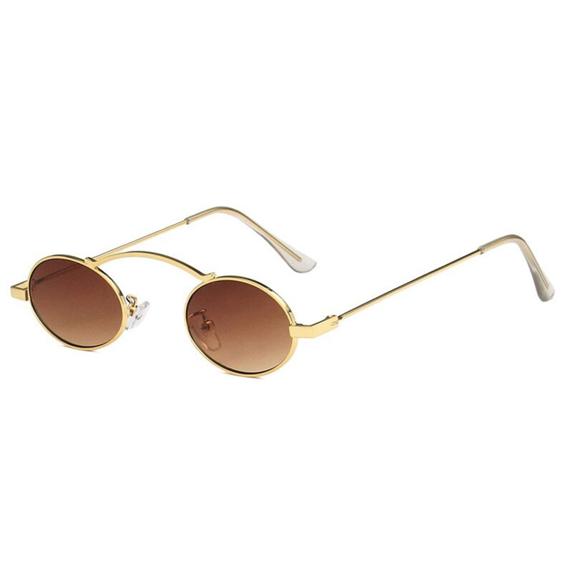 Stylish small oval steampunk sunglasses with gold frame and brown lenses for women's fashion.