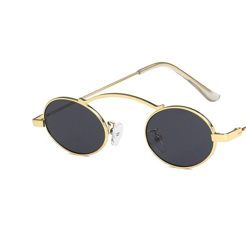 Stylish small oval sunglasses in steampunk style with gold frame and dark lenses, perfect UV400 sun protection.