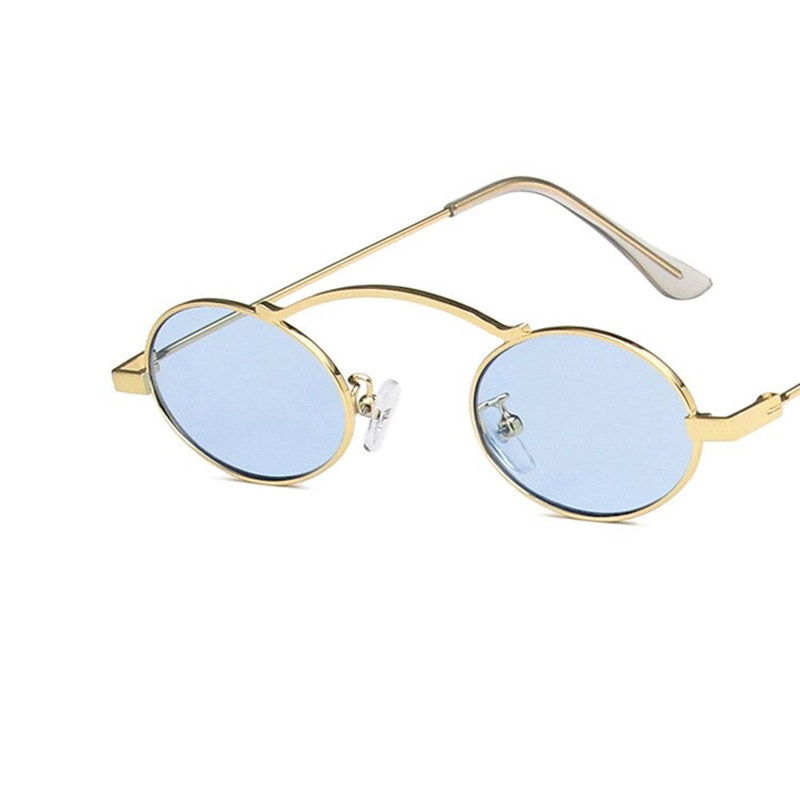 Stylish steampunk small oval sunglasses with blue lenses and golden frame for women.