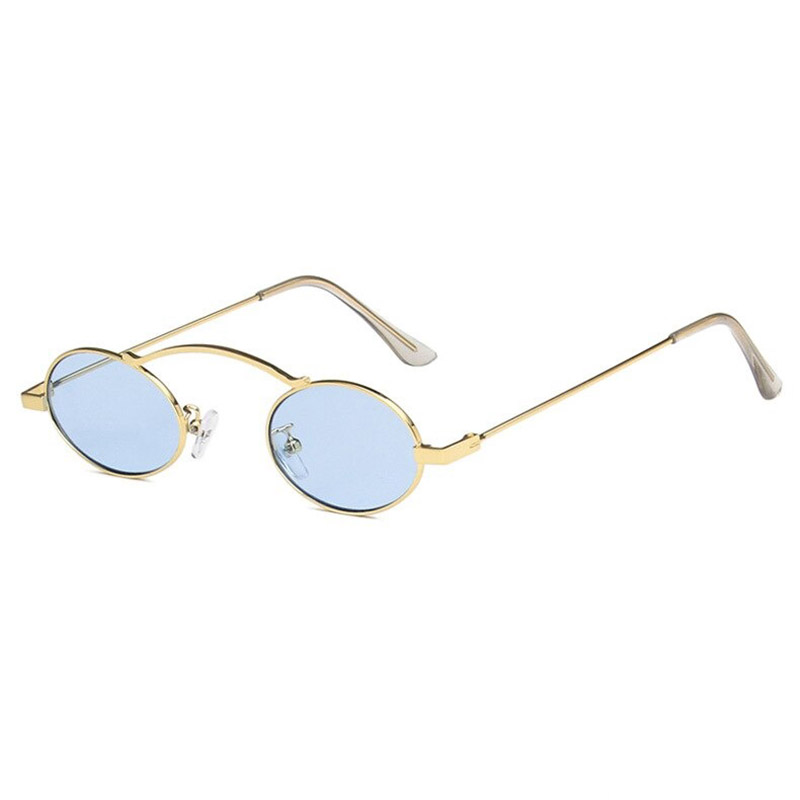 Stylish small oval sunglasses in steampunk style with blue lenses and gold frame.