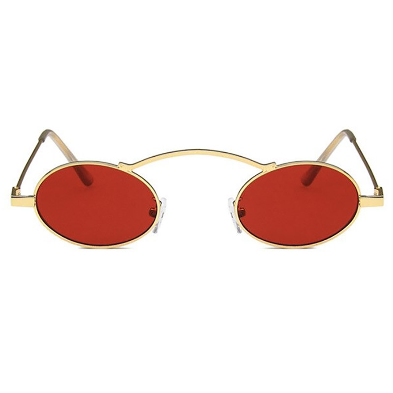 Stylish small oval steampunk sunglasses with red lenses and gold frame for women, UV400 protection.