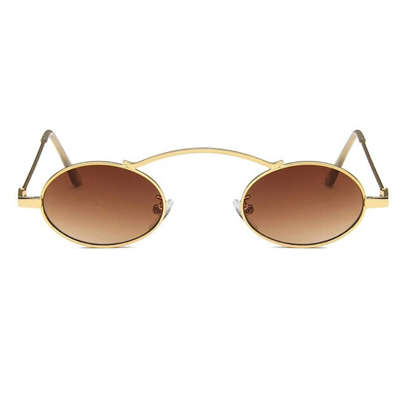 Stylish small oval sunglasses in steampunk style with golden frame and brown lenses, perfect women's accessory.