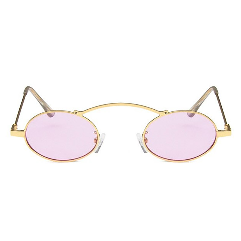 Stylish small oval sunglasses in steampunk style with pink lenses and gold frames, perfect accessory for women.