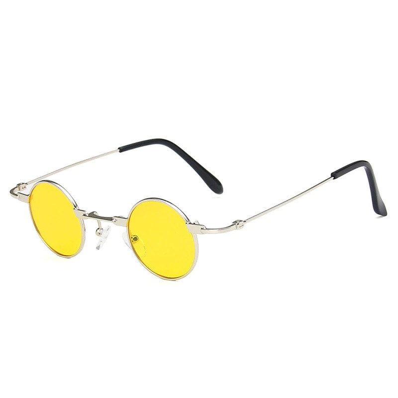 Stylish small round steampunk sunglasses with yellow lenses and silver frame, perfect unisex accessory.