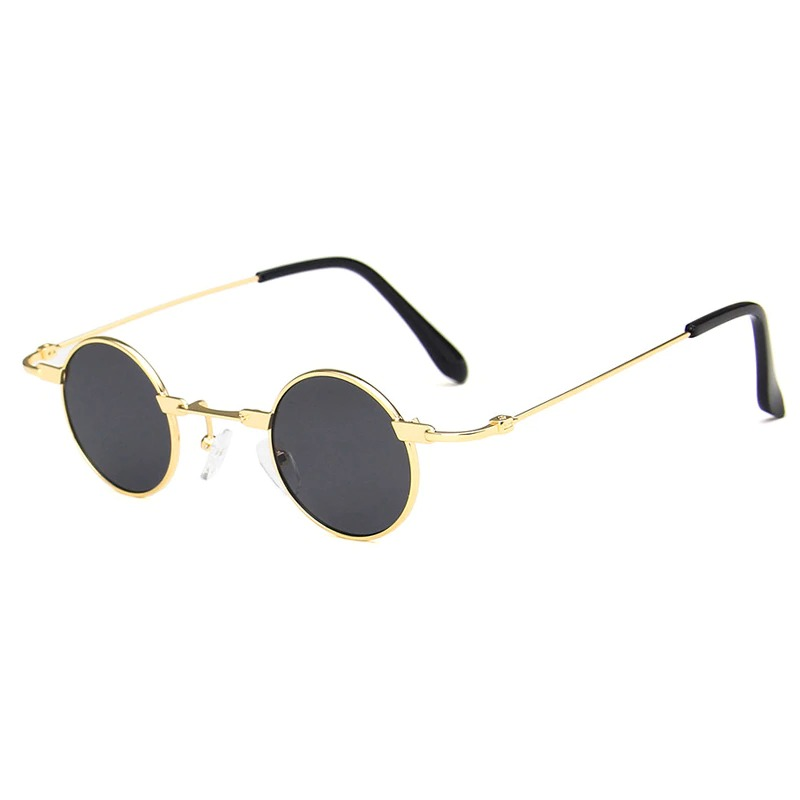 Stylish small round sunglasses for men and women in gold with black lenses, perfect steampunk style accessory.