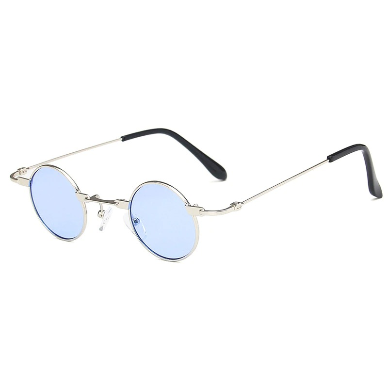 Stylish blue-tinted small round sunglasses in steampunk style for men and women, crafted from quality alloy.