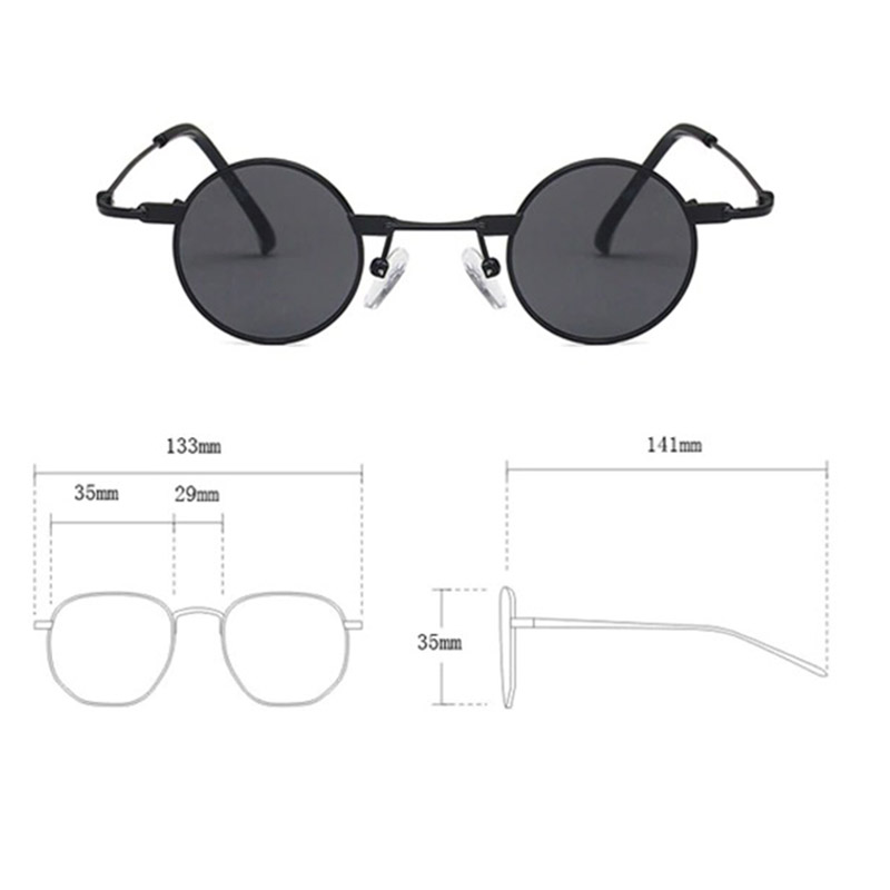 Stylish small round sunglasses for men and women in steampunk style with detailed dimensions.