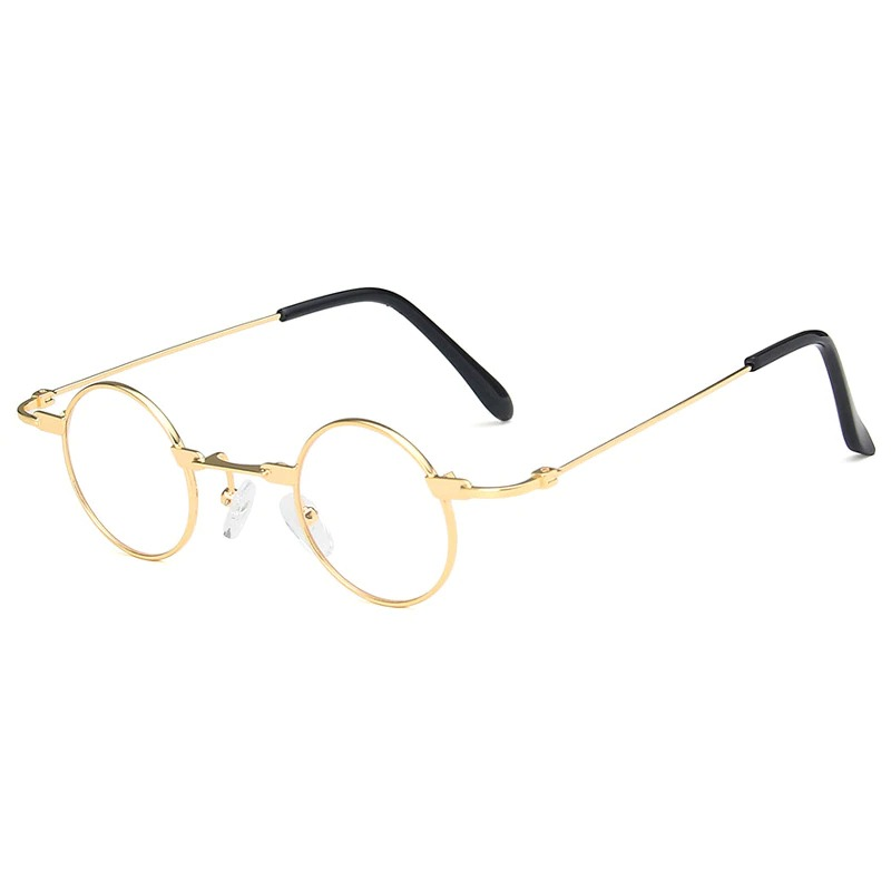 Stylish unisex small round steampunk sunglasses with gold frame and black temple tips, perfect accessory for any outfit.