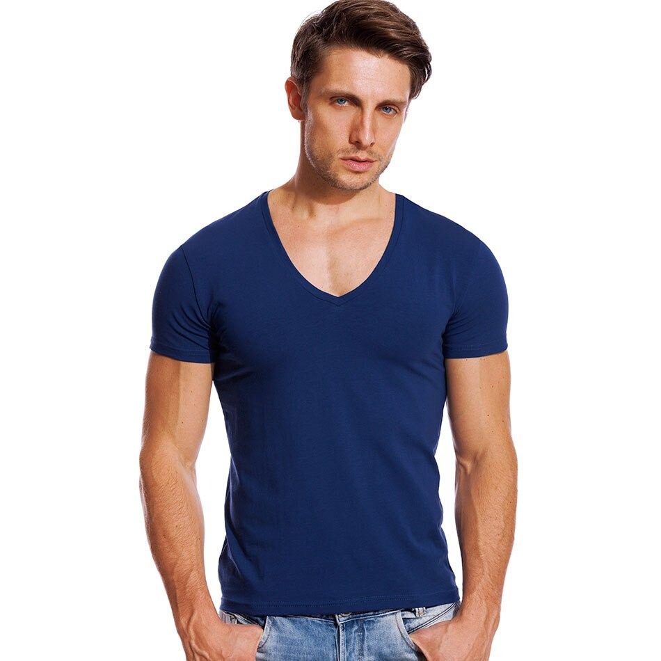 Stylish male model in a blue V neck stretch T-shirt showcasing slim fit design for summer fashion.