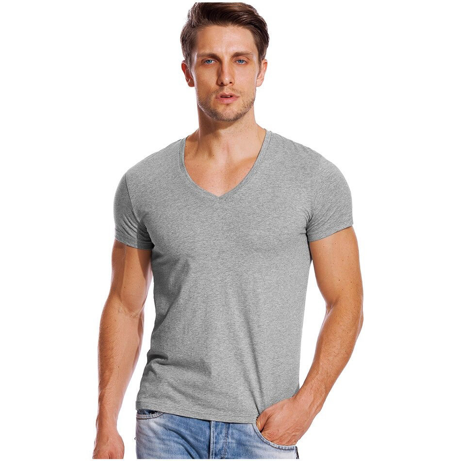 Stylish gray V neck stretch T-shirt for men, slim fit short sleeve, perfect for summer parties and casual wear.