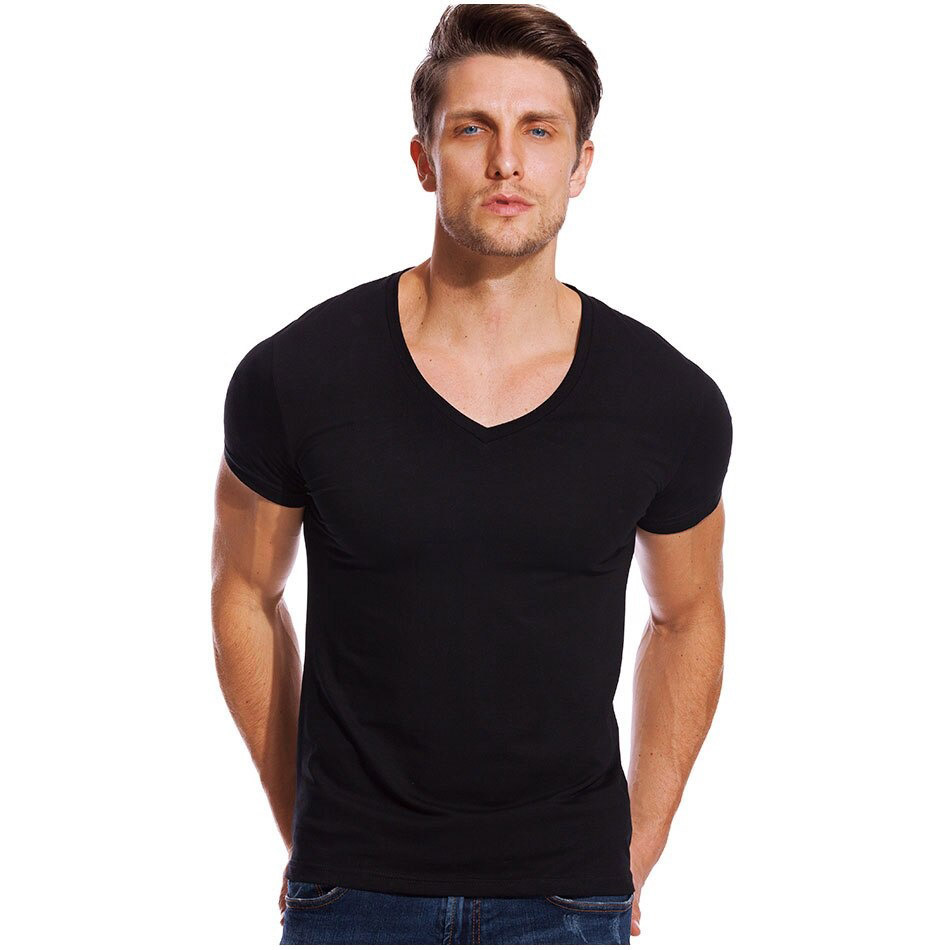 Stylish black V-neck stretch T-shirt for men, perfect for casual summer parties and versatile styling.