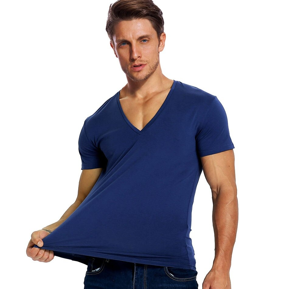 Stylish navy V neck stretch t-shirt for men, perfect for summer parties and casual outings.