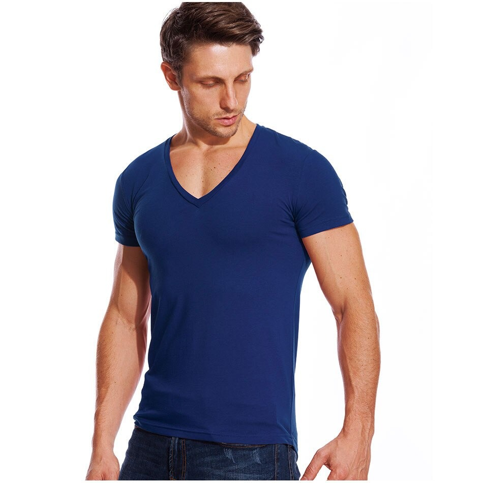 Stylish solid blue V neck stretch t-shirt for men, perfect for summer parties and casual outings.