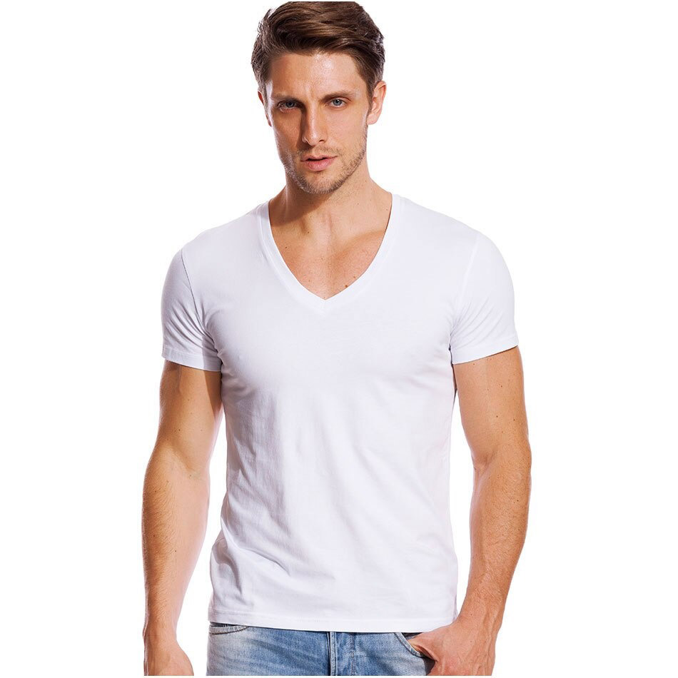 Stylish solid white V neck stretch T-shirt for men, perfect for summer parties and casual outings.