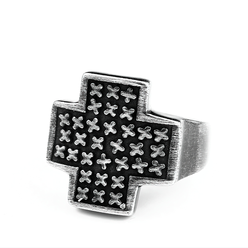 Stylish stainless steel unisex ring with cross shape and intricate detailing, perfect for alternative fashion.