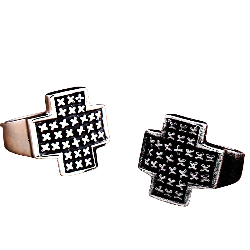 Unisex stylish stainless steel cross rings in black and silver, perfect alternative fashion jewelry for any occasion.
