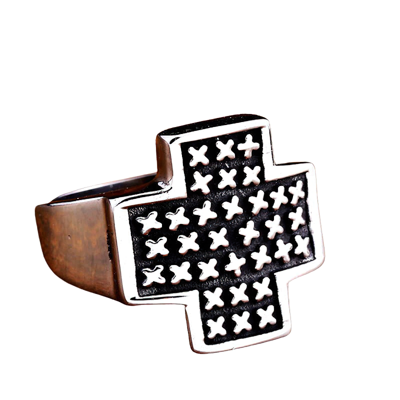 Stylish unisex stainless steel cross ring featuring an eye-catching design, perfect for alternative fashion enthusiasts.