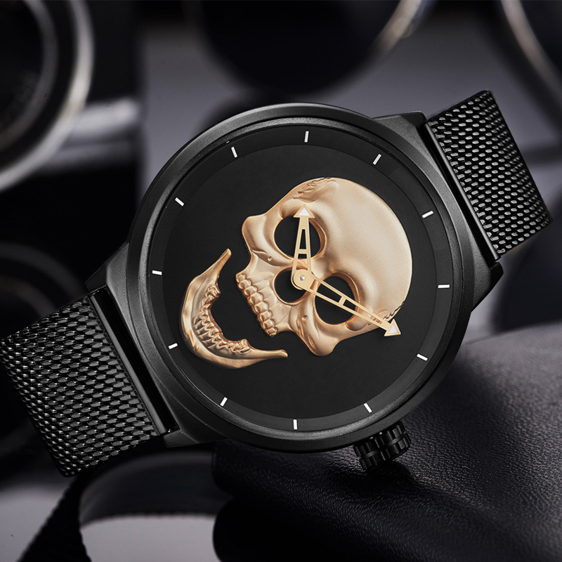 Stylish stainless steel watch featuring a skull design, perfect for a rock-inspired look for men and women.