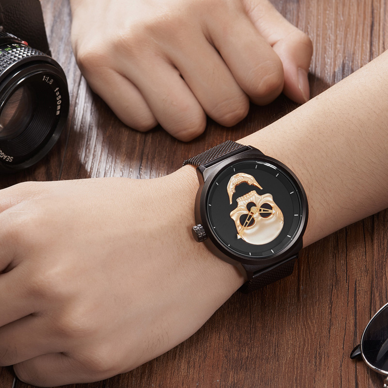 Stylish stainless steel watch featuring a skull design, perfect accessory for rock fashion lovers.