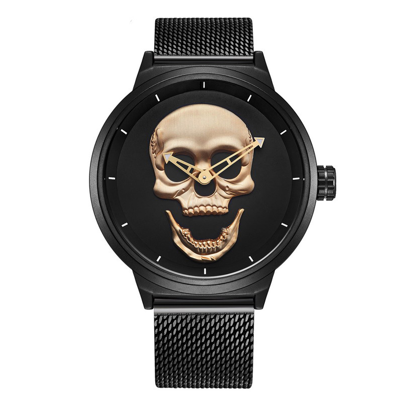 Stylish stainless steel watch featuring a bold skull design, perfect for enhancing any rock outfit for men and women.